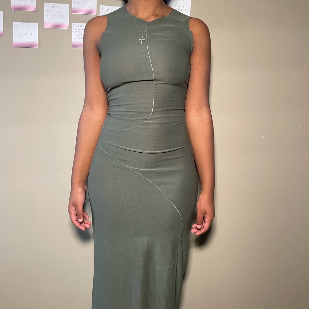 Sage Green sleeveless midi dress with stitching in detail by Gazyae